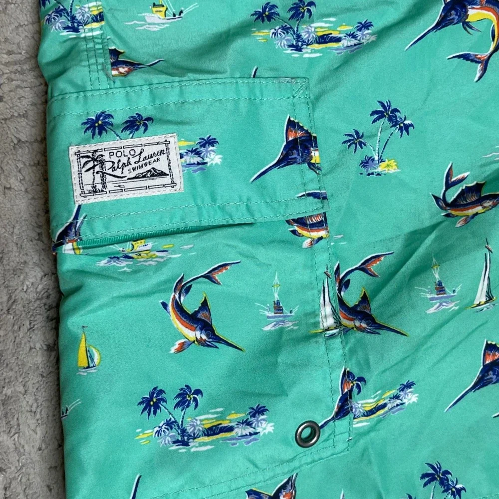 Polo Ralph Lauren Mens XXL Swim Trunks Marlin Sailboat Mint Green Nautical Print